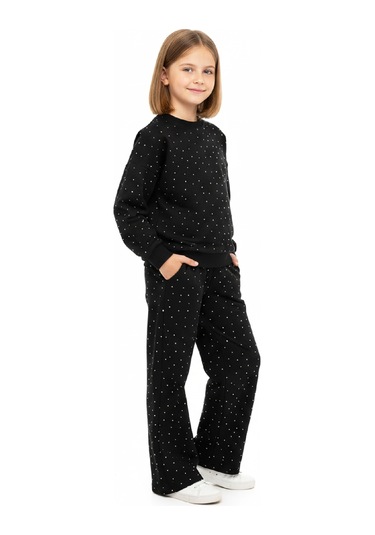 Kız Çocuk Taş Süslemeli-2 İplik-şardonsuz Alt-üst Takım-5 -12 Yaş 12424 Siyah