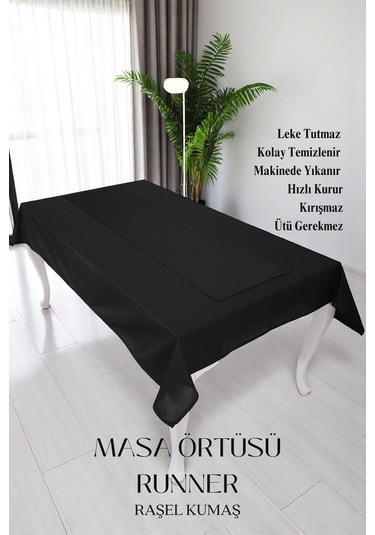 Smooth Set Masa Örtüsü Ve Runner Seti Sofra Bezi Çeyiz Seti Masa Örtüsü Ve Runner Siyah