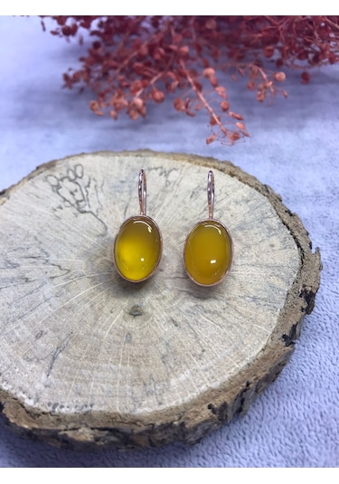 Sarı Akik Taşı Gümüş Küpe 925 Ayar Doğal Taş