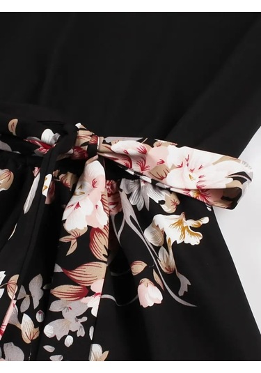 Kadın Kısa Kollu Bisiklet Yaka Çiçek Desenli Üst Viskon Alt Süprem Kısa Elbise Siyah