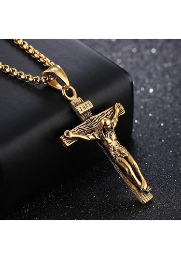Altın Erkek Gümüş Paslanmaz Çelik İsa Mesih Haç Çapraz Kolye Kolye Zinciri