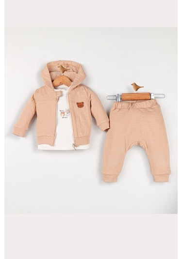 Erkek Bebek Ayı Desenli Hırkalı 3'lü Takım Açık Kahverengi