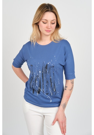 Sistas Kadın Bisiklet Yaka Desenli Yaka Ve Etek Ucu Parlak Şeritli Bluz 24244 Indigo Indigo