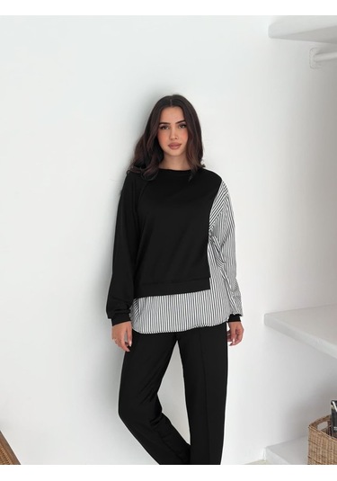 Modasize Kadın Gömlek Detay Çizgili Yandan Bağlamalı Ikili Takım Siyah