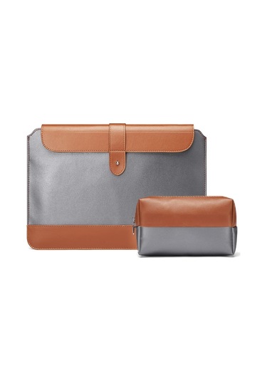 Yatay Mikrofiber Renk Eşleştirme Notebook Astar Çantası, Stil: Astar Çantası + Güç Çantası Gri + Kahverengi , Uygulanabilir Model: 14-15.4 İnç Siya