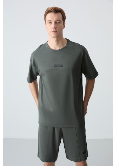 Haki Pamuklu Kalın Yumuşak Dokulu Oversize Fit Basic Erkek Şort Takım - 85259