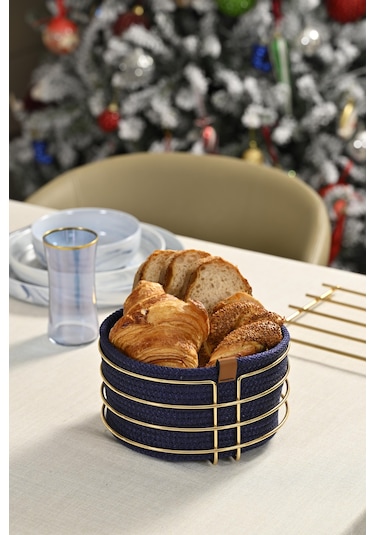 Altın Yuvarlak Ekmek Sepeti Şık,ekmeklik Lacivert Hasır Örmeli Makrome-çok Amaçlı Metal Paslanmaz Altın