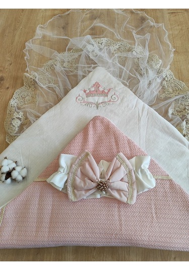 Pembe Triko Örgü Kız Bebek Batttaniyesi Kundağı Kalın Dantelli Yenidoğan Hastane Çıkışı Hediyelik Somon