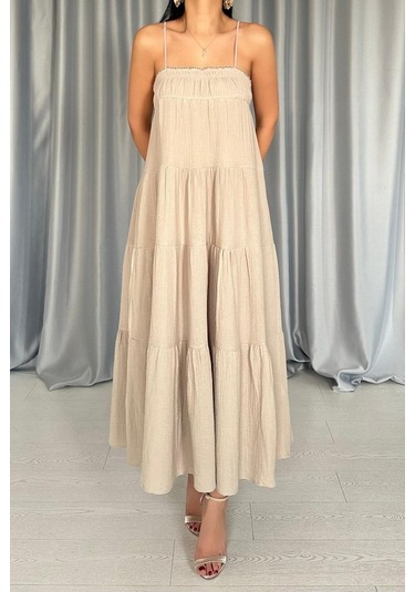 Taş Askılı Parçalı Müslin Elbise Altın