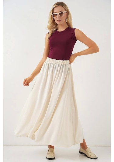 Defymoda Uzun Ayrobin Etek 8050 - Krem Krem