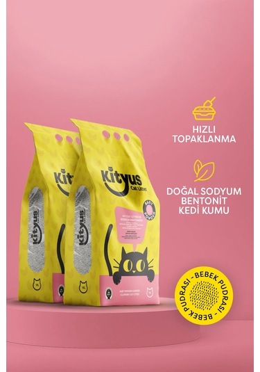 Kityus 2 Li Avantaj Paketi Ince Taneli Tozsuz, Topaklanan Bebek Pudralı Bentonit Kedi Kumu 2x10lt