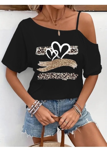 Modaserdem Kadın Tek Omuzu Açık Ip Askılı Baskılı Viskon Bluz Siyah