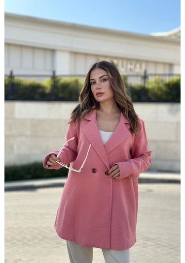 Kadın Pembe Astarlı, Kruvaze Ceket Yaka, Tek Düğme, Rahat Kalıp, Fitilli Kaşe Kumaş Kaban Pembe