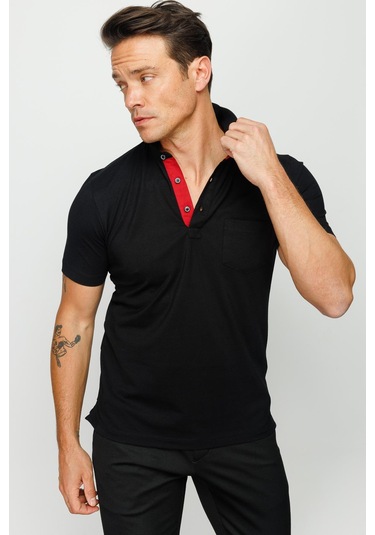 Desen Triko Erkek Polo Yaka Düğmeli Cepli T-Shirt 23201 Siyah