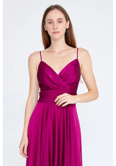 Doridorca Kadın Askılı Sırt Detaylı Uzun Abiye Elbise 5922022 Fuşya Fuşya