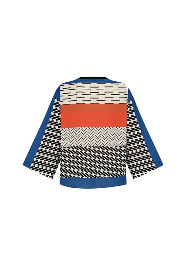 Kadın Geometrik Desenli Blok Renkli Bluz Frn1103 Mavi