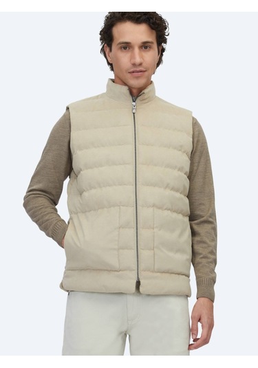 Bej Regular Fit Dik Yaka Casual Dokuma Spor Yelek Bej