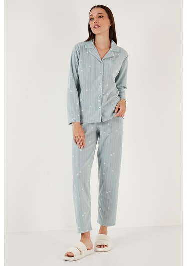 Lela Regular Fit Gömlek Yaka Önden Düğmeli Polar Bayan Pijama Takımı 6571009W4 Mint