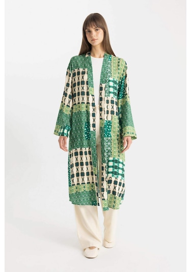 Defacto Relax Fit Desenli Uzun Viskon Kimono C9688AX24SMKH461 Haki