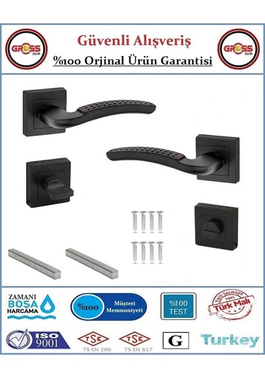 Noktalı Rozetli Wc Banyo Kapı Kolu - Mat Siyah - 1 Takım Ön Ve Arka