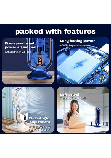 Gajeena Usb Şarjlı Masaüstü Fan, 5 Hızlı Ayarlı, 720 Sallanabilir, 22 Db Sessiz, 1800mah Batarya, Mavi - Z16 Pro