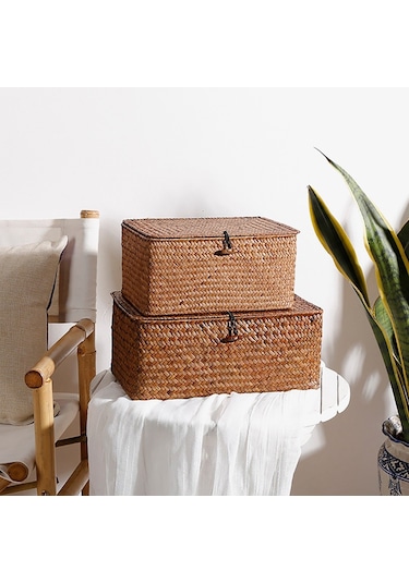 Kapaklı Dokuma Hasır Saklama Kutuları - 4'lü Set - Dikdörtgen Sepet Diğer
