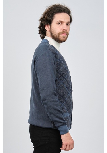 Çizgi Triko Erkek Cep Detaylı Desenli Hırka 42534235 Mavi-Mavi