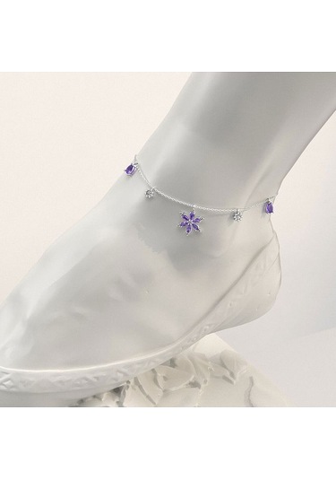 İndigo Takı Ametist Taşlı Lotus Çiçeği Beyaz Gümüş Halhal