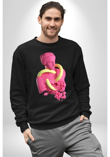 Pop Art Yaratıcı Heykel Pembe Unisex Siyah Sweatshirt Siyah