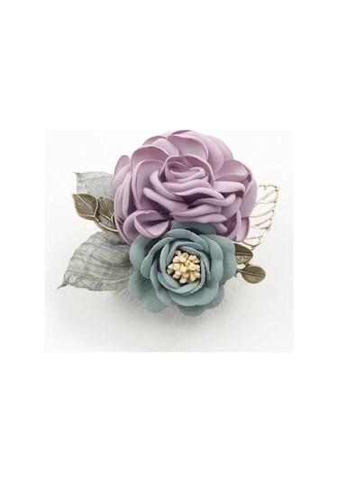 Homyl Kore Tarzı Gül Çiçek Şal Broş Pin Damat Gelin Korsaj Mor