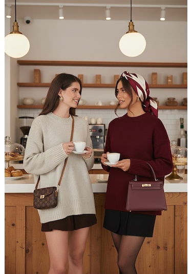 Lela Regular Fit Bisiklet Yaka Basic 2'Li Paket Triko Bayan Kazak 4616213S2 Taş-Bordo