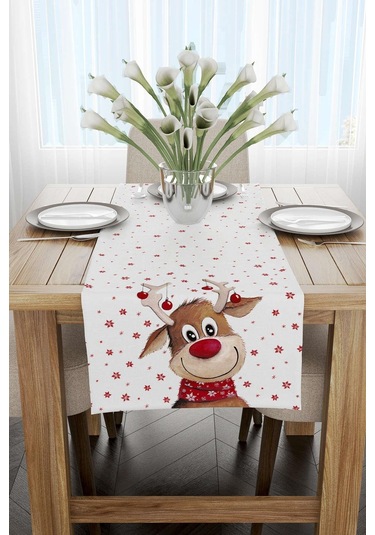 Kırmızı Geyik Yılbaşı Temalı Dijital Baskılı Runner Cgh1371-rn