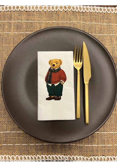 Kırmızı Gömlekli Sevimli Ayı Baskılı Peçete Beyaz 16 Adet