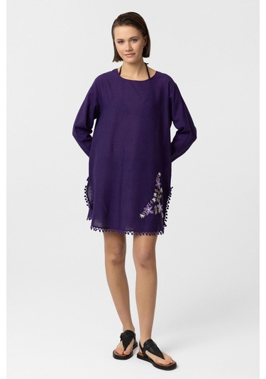 Mor Nakış İşlemeli Uzun Kollu Pamuklu Bluz Elbise Mor
