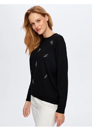 Faik Sönmez Boncuk Nakış Detaylı Uzun Kollu Kadın Triko Bluz W26trb018 Siyah