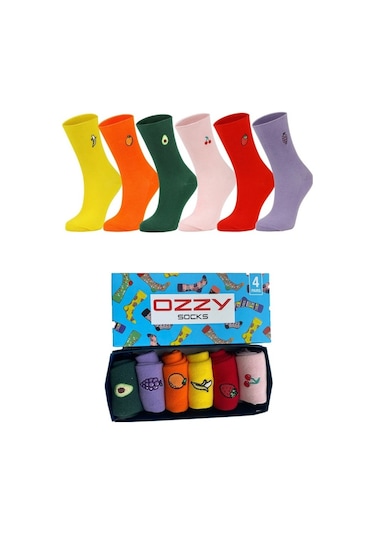 Ozzy Socks Meyve Nakışlı Renkli Çorap Kutusu 6'lı Çok Renkli