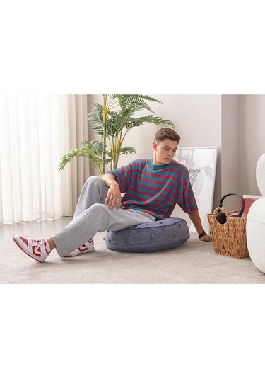 Çok Amaçlı Puantiyeli Keten Yer Bahçe Minderi Fermuarlı İç Dolgulu Yıkanabilir 60x62 Lacivert