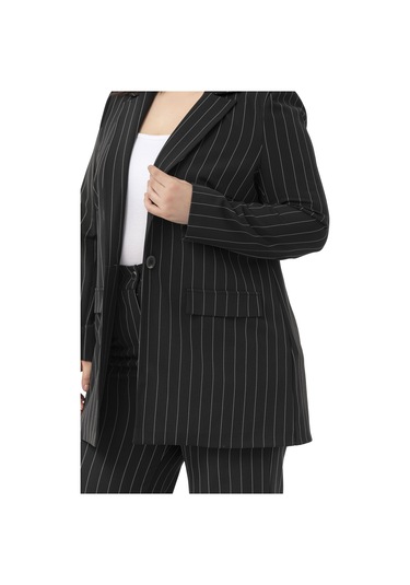 Büyük Beden Çizgili Siyah Ceket Pantolon İkili Takım Siyah