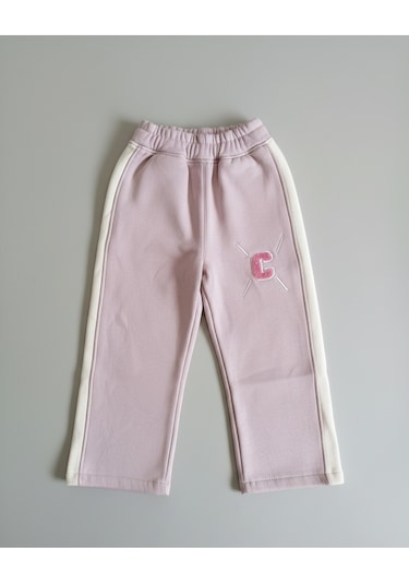 3 İplik Şardonlu C Harfli Nakış Detaylı Şeritli Pembe Kız Çocuk Eşofman Takımı Pembe