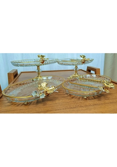 Elta Collection Yeni Seri 4 Parça Paşabahçe Gold Yaldızlı Metal Ayaklı Sunum Seti Kurabiyelik Hediyelik Gold Oval