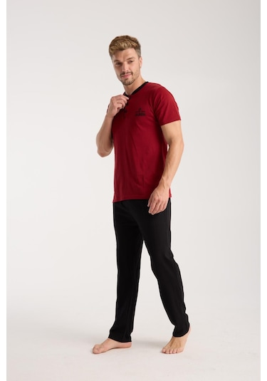 Akbeniz Erkek Bordo Düğmeli Yaka Kısa Kol Pijama Takımı
