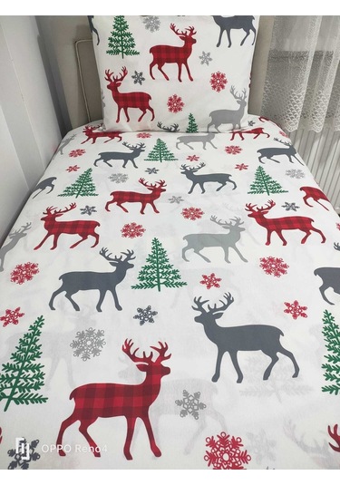Tek Kişilik Ara Beden 120x200 Ranforce Lastikli Çarşaf Takımı Yılbaşı Desen Beyaz