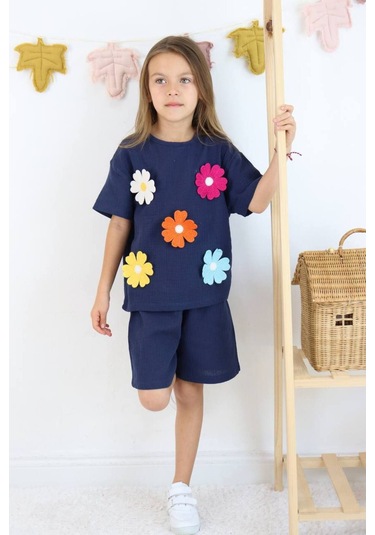 Örme Nakışlı Müslin Şort Takım Lacivert