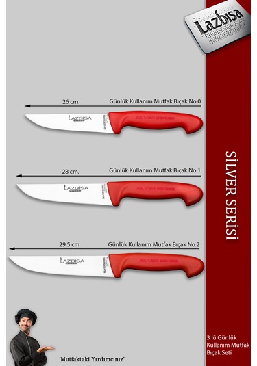 Silver Serisi 3 Lü Günlük Kullanım Mutfak Bıçak Seti Mtf-220 Kırmızı