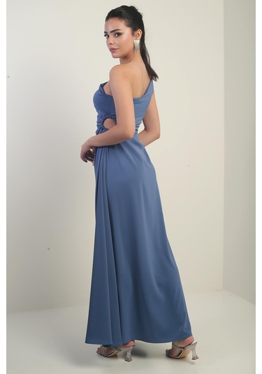 Kadın Tek Omuz Yan Pencere Detaylı Uzun Krep Saten Elbise-40824 Indigo