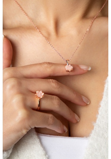 Kadın Rose Kaplama Beyaz Taşlı Lotus Çiçeği Kolye Yüzük  Set Rose Gold