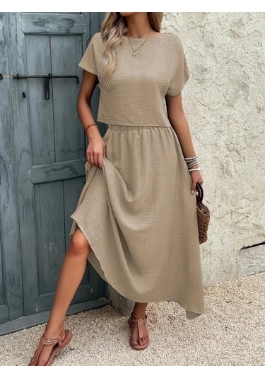 The İstanbul Kadın Kısa Kollu Bisiklet Yaka Bluz Etekli Ithal Keten Ikili Takım Bej