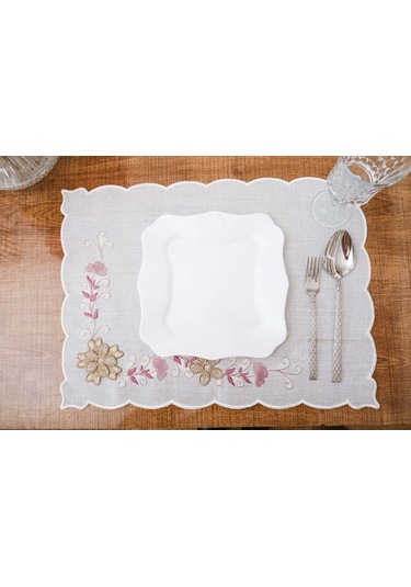 Finezza Linda Nakışlı Keten Efekt Kumaş Krem Pembe A.Servis 33x45cm 4 Ad.-1399 Krem