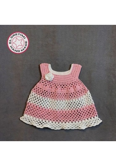 Uretti - Talia 8659 1429 El Örgüsü Koton İp Kız Çocuk Elbise - 1 Yaş / Pembe - Beyaz Pembe - Beyaz