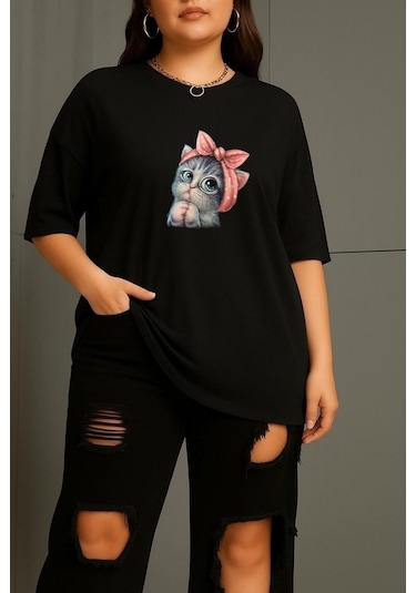 Büyük Beden Minnoş Kedi Baskılı Unisex Tişört SIYAH